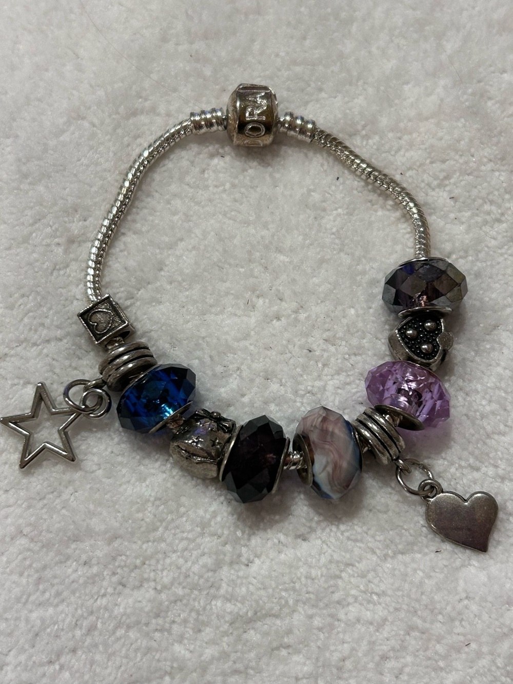 Pandora Charm Bracelet with Purple and Retired Blue Glass Beads